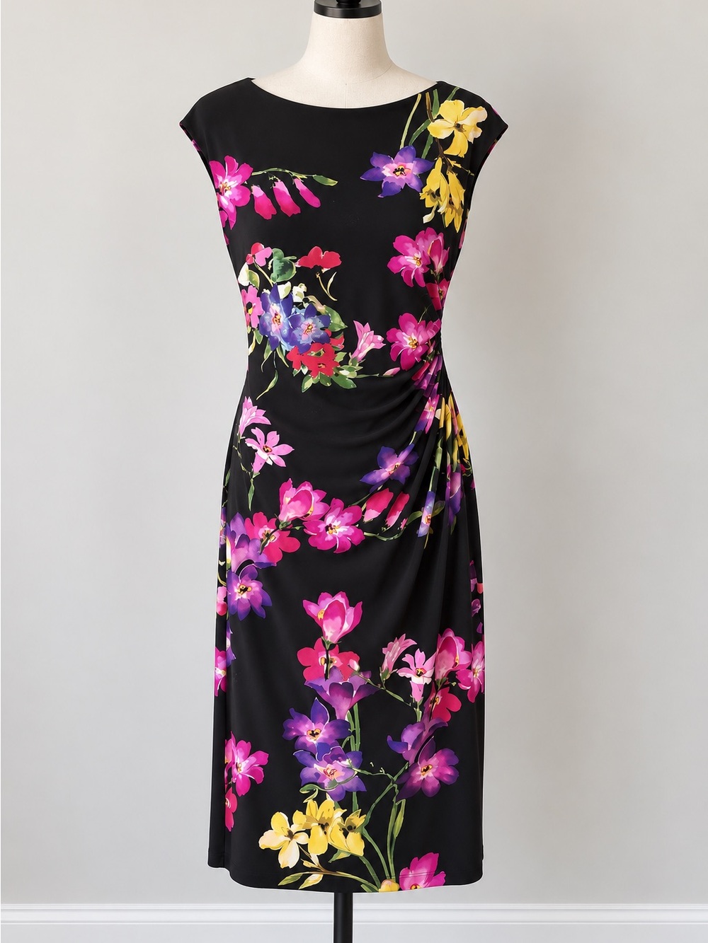Ralph Lauren Black Midi Dress with Pink, Purple & Yellow Floral Print